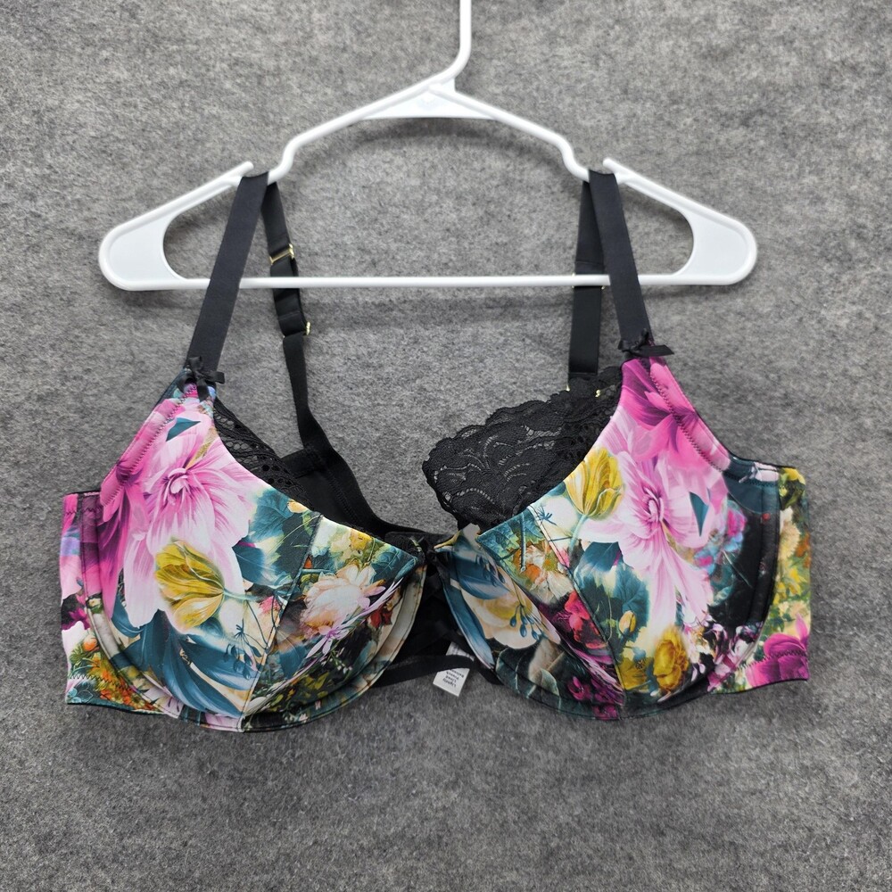 Cacique Bra Womens 44DDD Black Floral Lace Front Close Lightly Lined